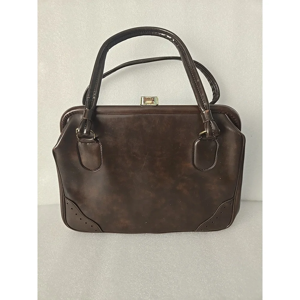 Vintage Brown Vinyl Handbag Purse - Top Handle - Snap Closure